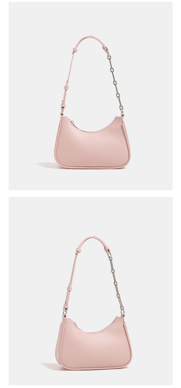 Mini-Schultertasche in Halbmondform mit verstellbarem Ketten-Leder-Riemen und silberfarbenen Beschlägen, Detailansicht 10
