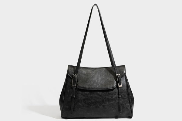Structured flap-top shoulder tote bag in distressed leather-look finish with silver-tone buckle hardware and double shoulder