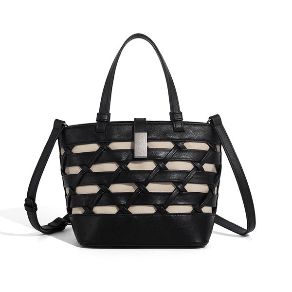 Structured woven lattice tote bag with cream lining, dual top handles, detachable crossbody strap, and silver-tone hardware