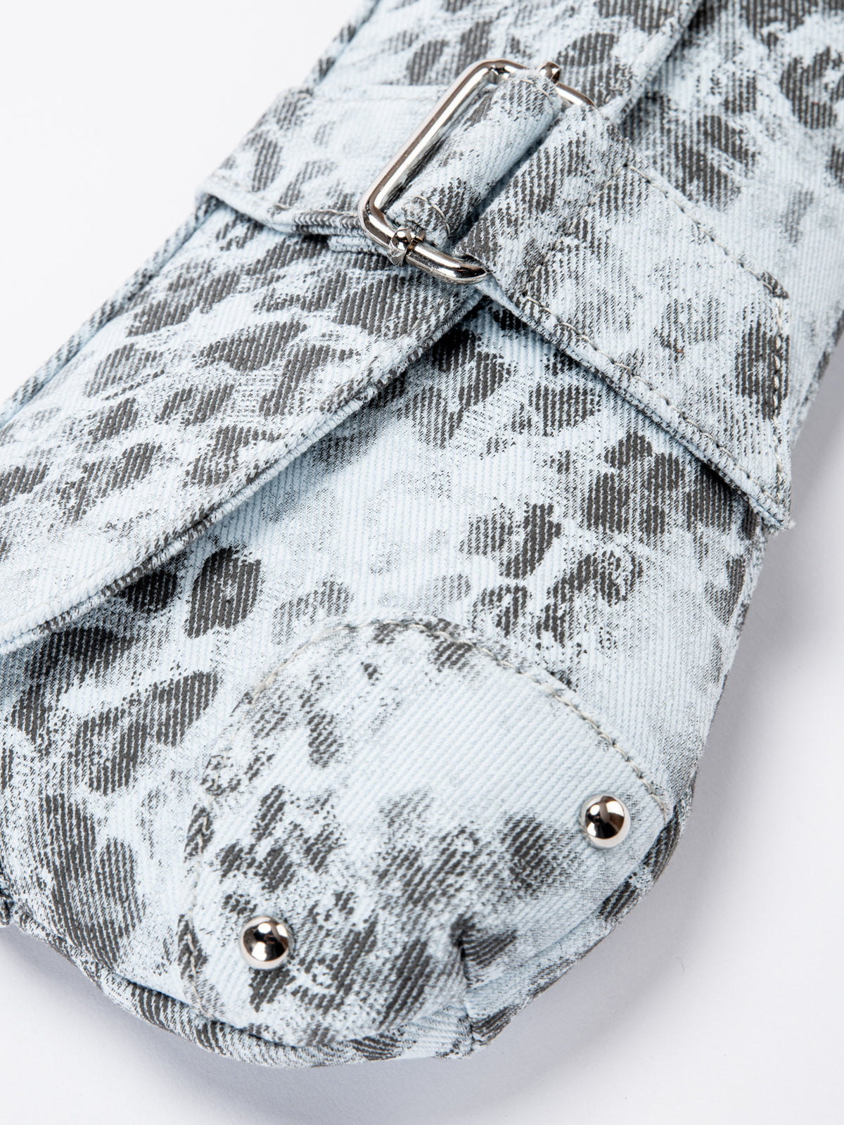 Small washed leopard print shoulder bag in blue-grey with silver buckle strap and stud accents, detail view 11