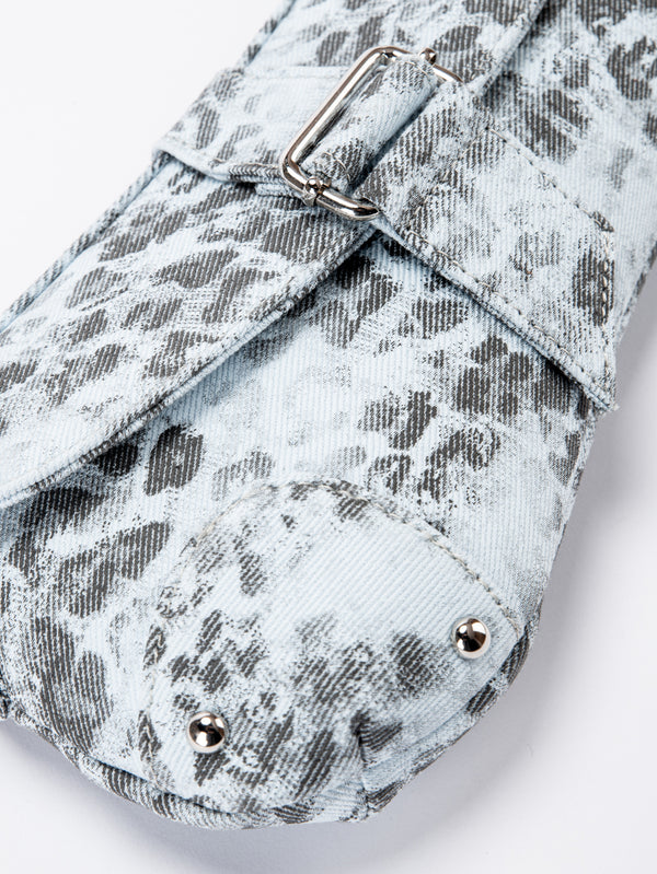 Small washed leopard print shoulder bag in blue-grey with silver buckle strap and stud accents, detail view 11