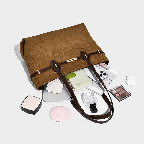 Structured suede-look shopper tote with wraparound belt strap and gold turn-lock clasp, long dark brown shoulder handles