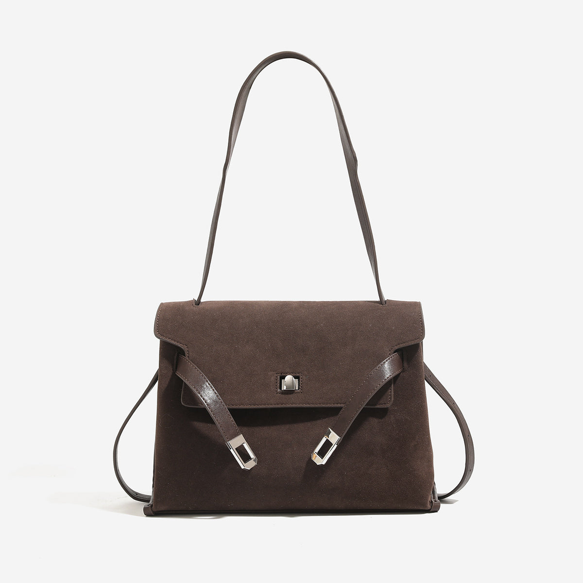Structured trapezoidal flap satchel bag with silver-tone turn-lock clasp, decorative front strap tabs, gusseted sides, and