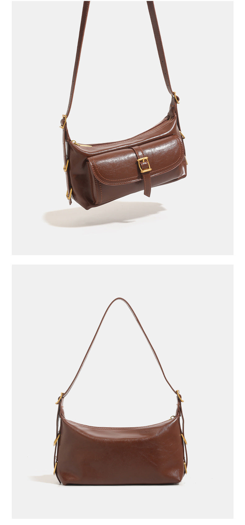 Compact glossy oil-wax leather-look shoulder bag with front buckle flap pocket and gold-tone hardware, detail view 13