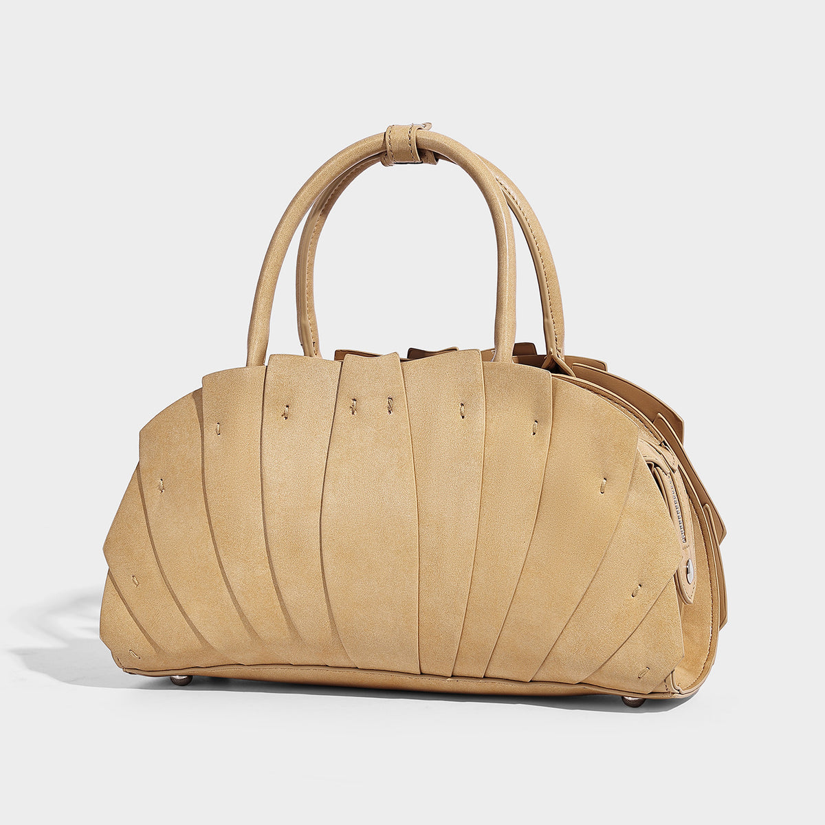 Structured dome satchel with fan-pleated leather-look exterior, dual top handles, and detachable shoulder strap, front view