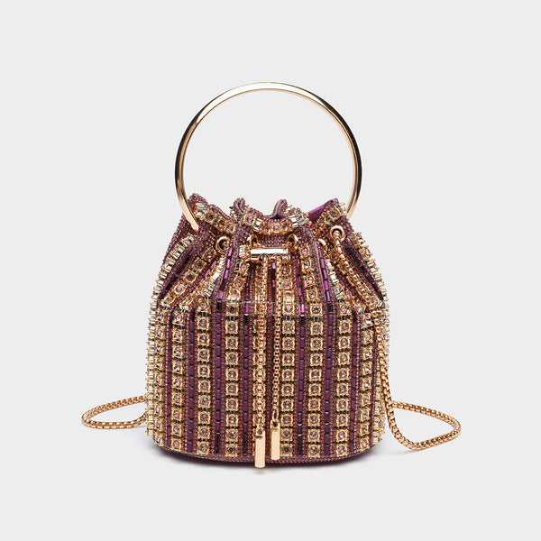 Mini crystal rhinestone bucket bag with circular ring top handle, drawstring closure, and silver chain shoulder strap, detail