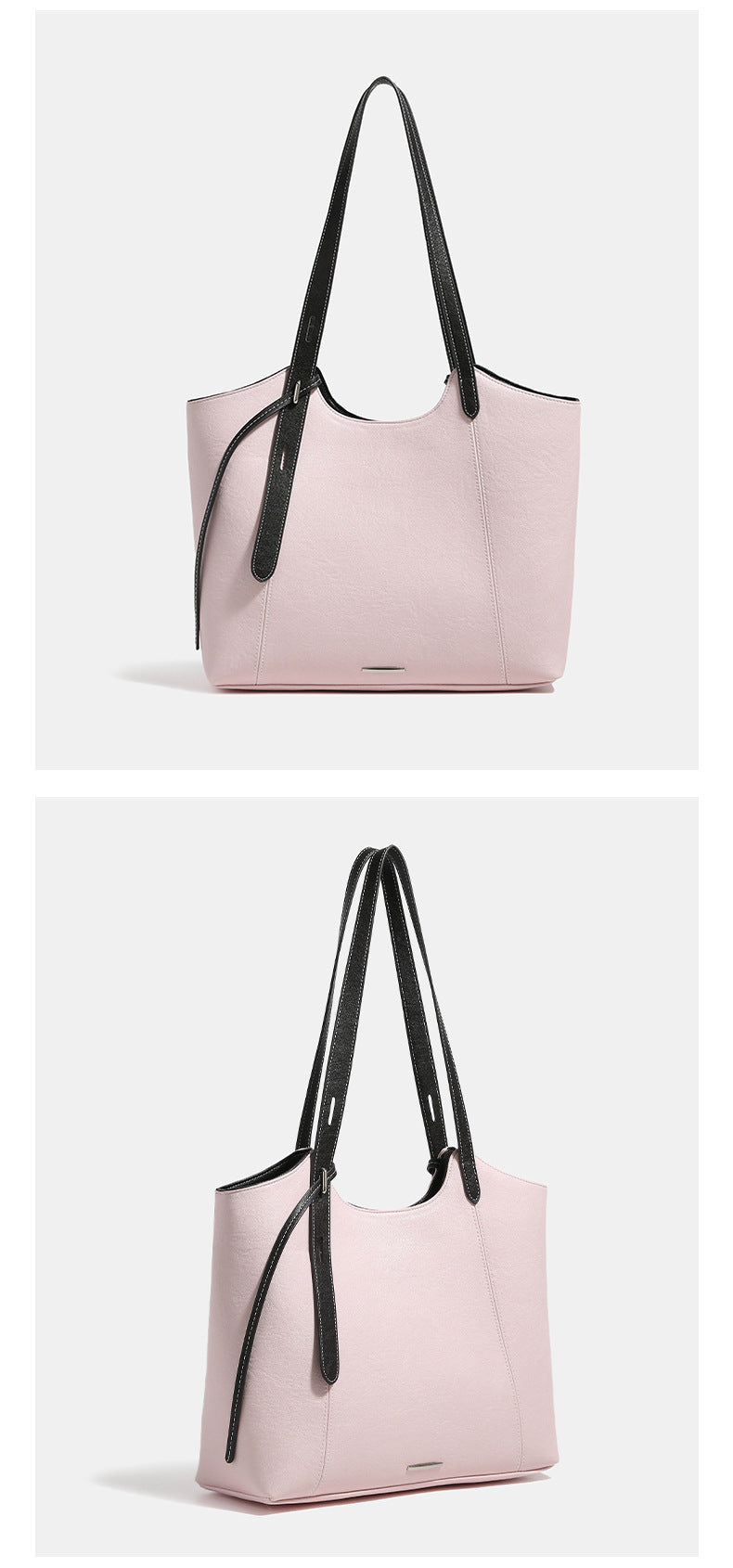 Structured trapezoidal tote bag with smooth leather-look finish, long black contrast shoulder straps, and dangling strap