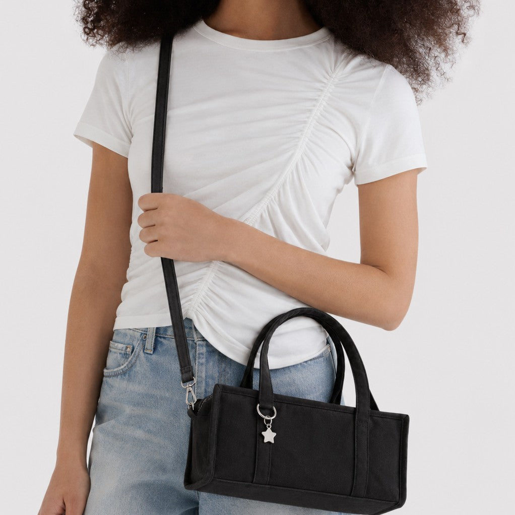 Structured rectangular retro plaid mini handbag with flower and star appliqués, silver star charm, and twin top handles