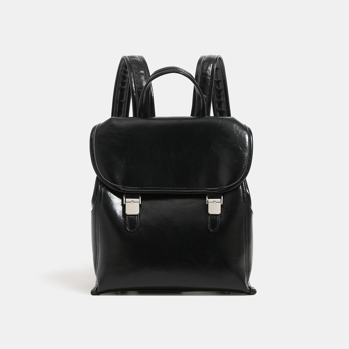 Structured glossy leather-look flap backpack with twin buckle closures and top grab handle, detail view 6