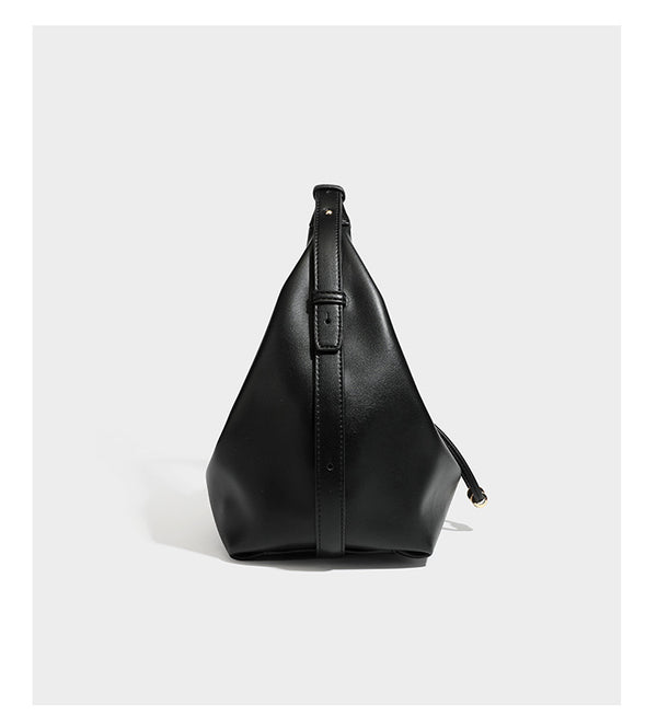 Slouchy hobo bag with smooth leather-look finish, drawstring cinch closure, and gold-tone bead hardware, detail view 9
