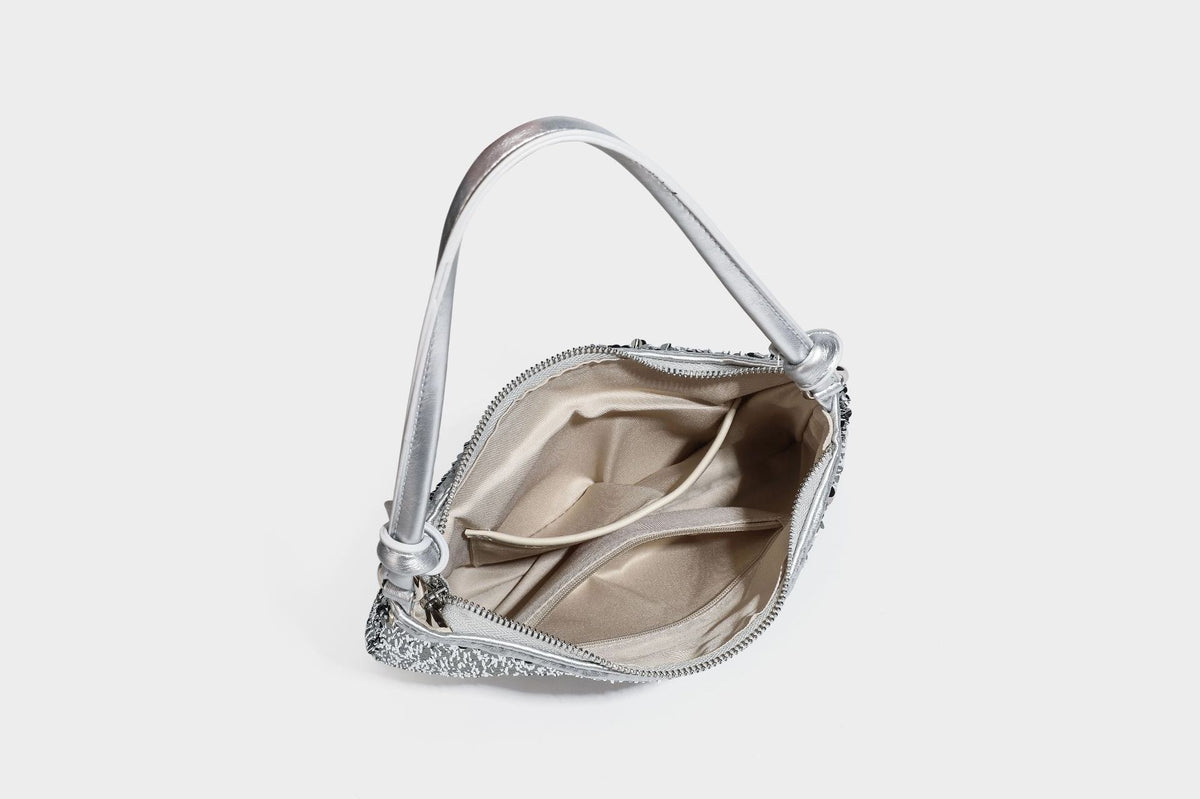 Small sequin hobo shoulder bag with knotted strap and zip closure, detail view 48