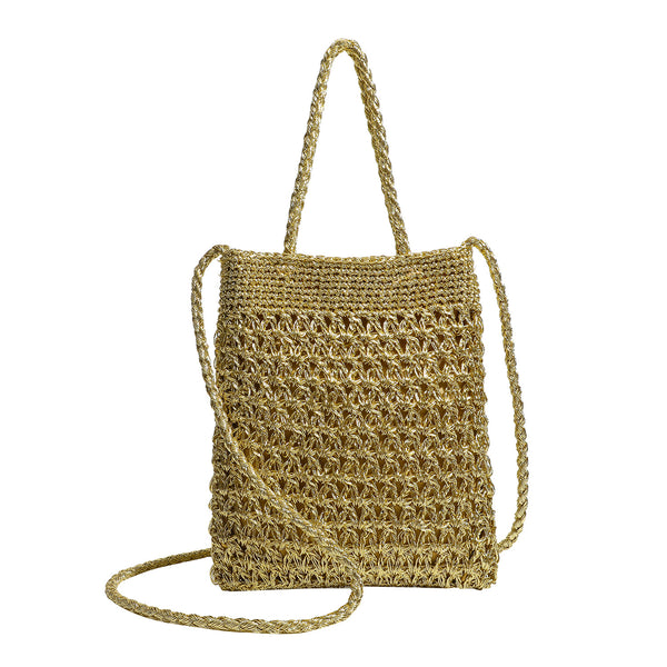 Small soft rectangular metallic crochet-weave shoulder bag with braided top handle and long crossbody strap, detail view 5
