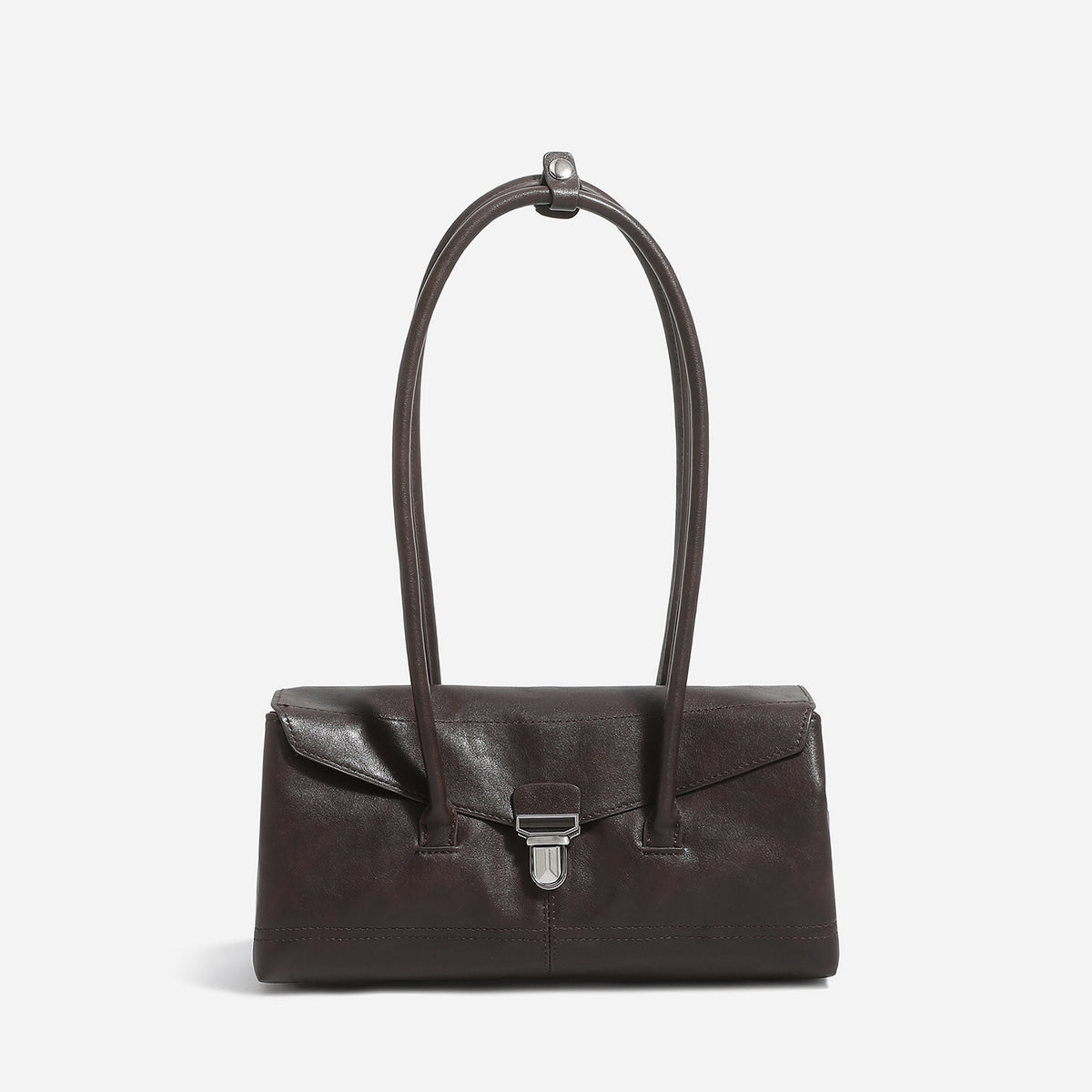 Compact structured rectangular flap shoulder bag with silver-tone turn-lock clasp and long rounded handles, detail view 6