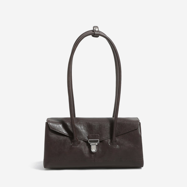 Compact structured rectangular flap shoulder bag with silver-tone turn-lock clasp and long rounded handles, detail view 6