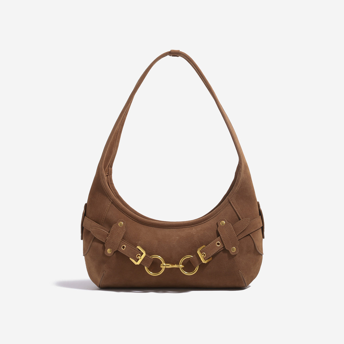 Slouchy hobo shoulder bag with gold-tone ring-and-buckle front hardware, zip top closure, and matte textured finish, detail