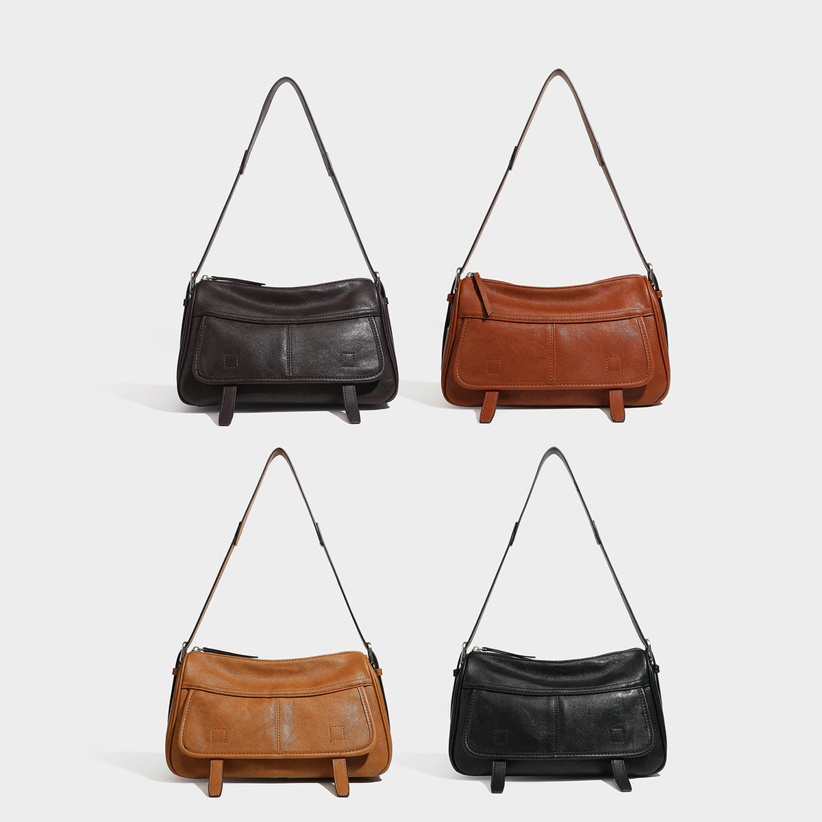 Structured rectangular flap-front shoulder bag in dark espresso leather-look finish with silver-tone hardware and long