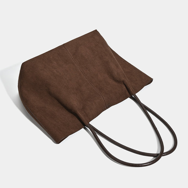 Large open-top suede-finish tote bag with slim shoulder straps in dark brown, detail view 3