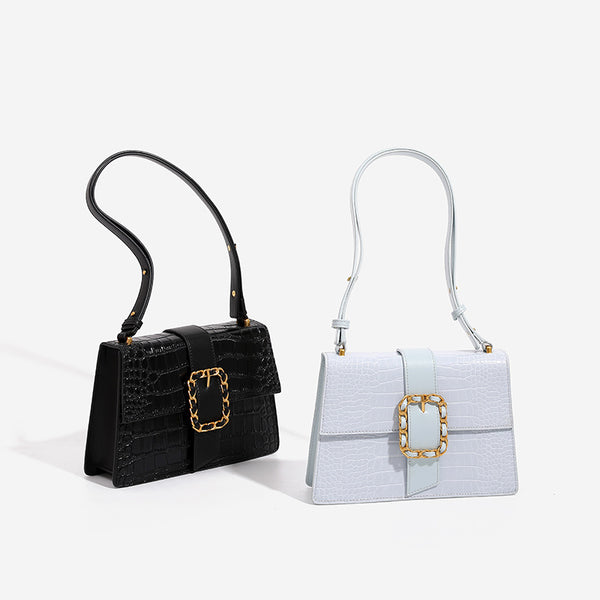 Structured crocodile-embossed flap shoulder bag with gold chain buckle hardware and adjustable strap, detail view 2