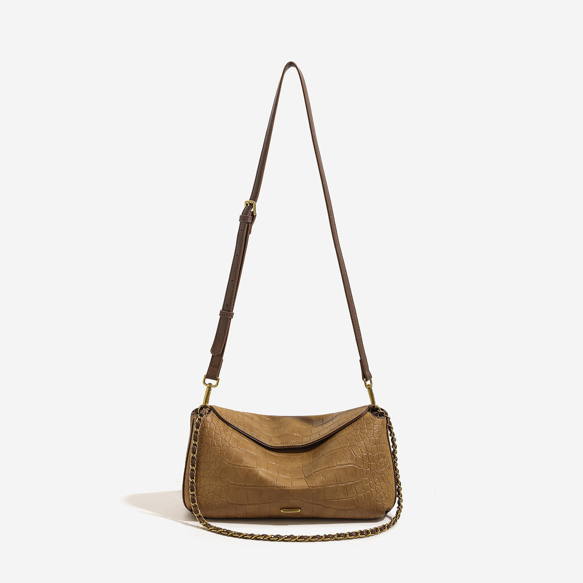 Croc-embossed pillow crossbody shoulder bag with gold-tone chain strap and flap closure, front view