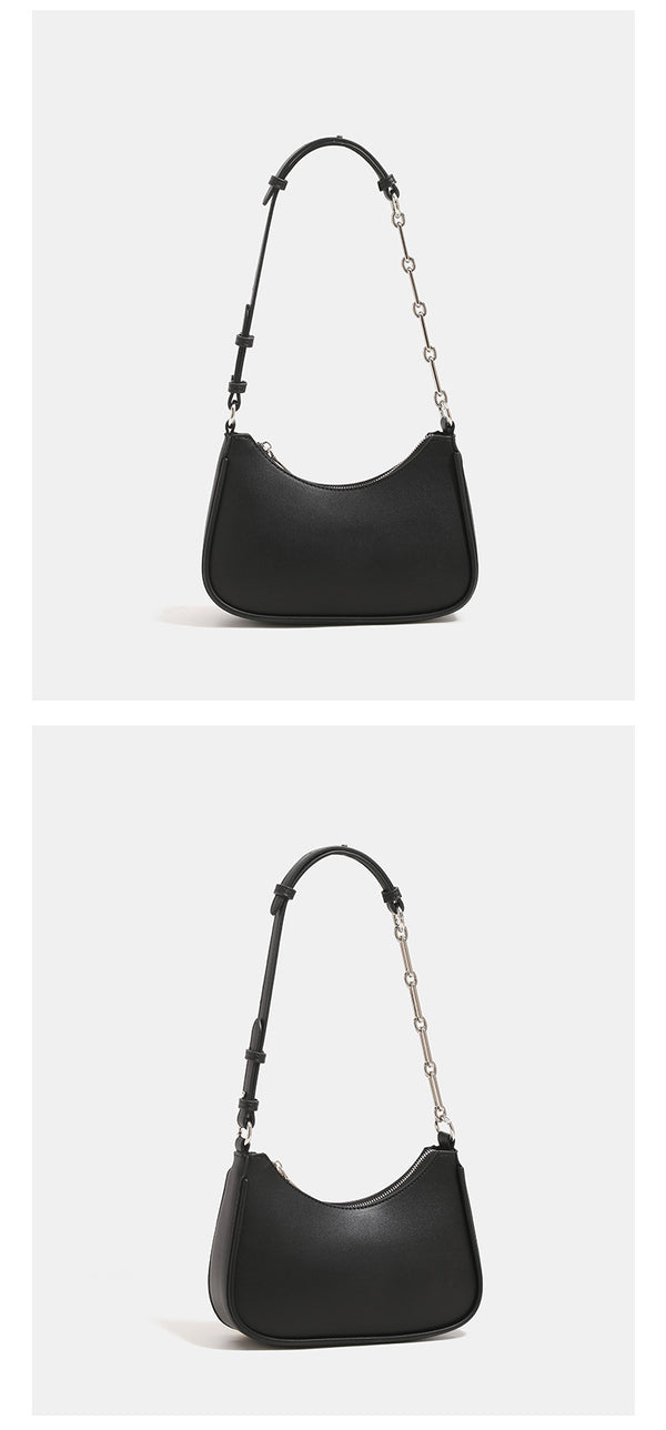 Mini-Schultertasche in Halbmondform mit verstellbarem Ketten-Leder-Riemen und silberfarbenen Beschlägen, Detailansicht 12
