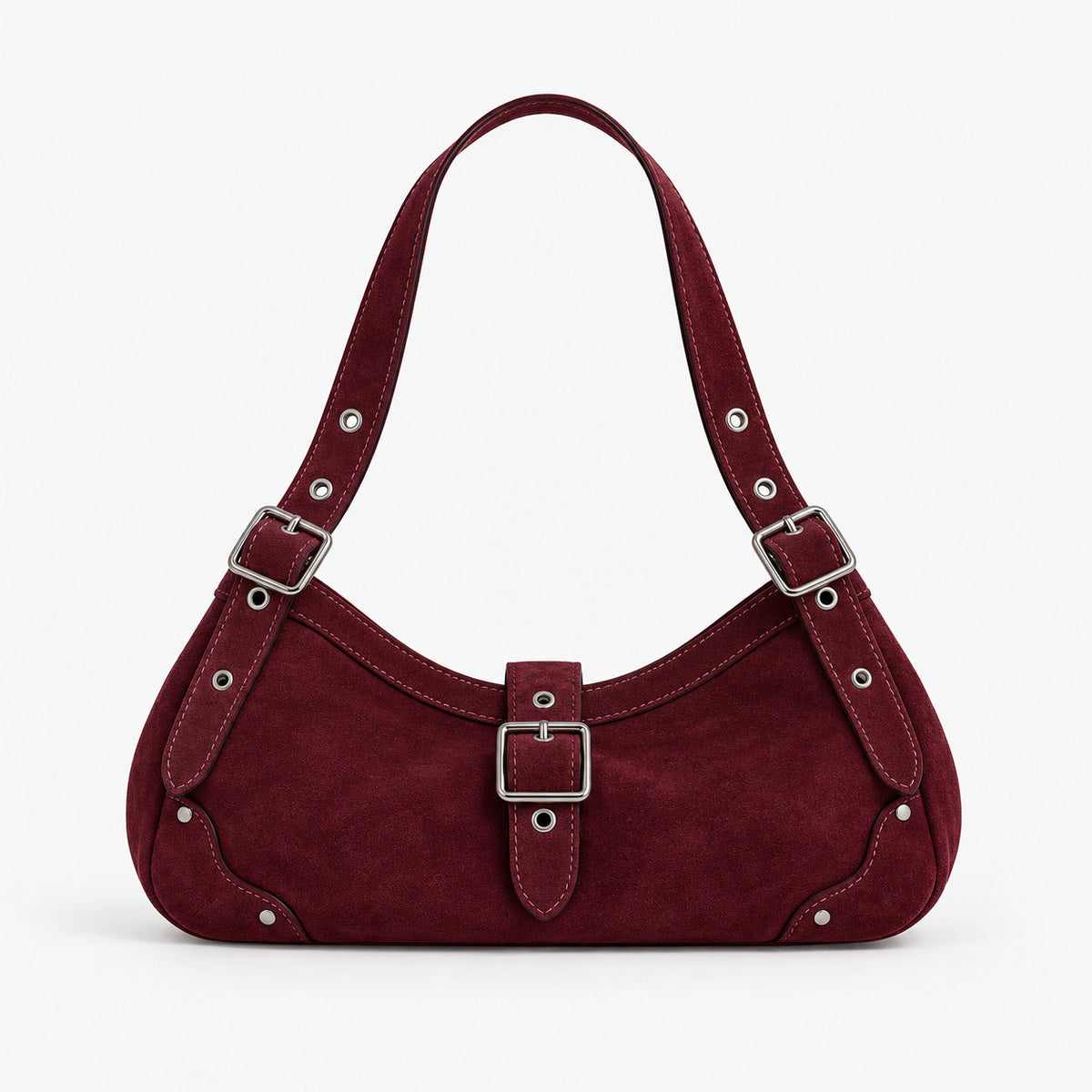 Geschwungene Hobo-Schultertasche mit matter Wildlederoptik, Riemen mit Schnalle in Silberoptik, Ösen, Nieten und Reißverschluss, Vorderansicht