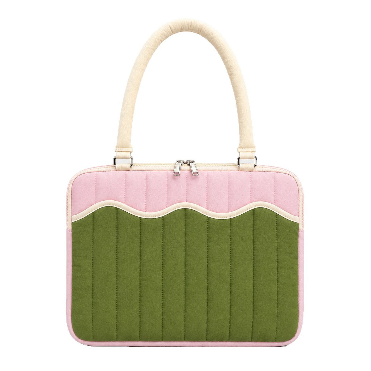 Quilted colorblock handbag with wavy scalloped front panel, padded arched top handles, and dual zip closure, detail view 5