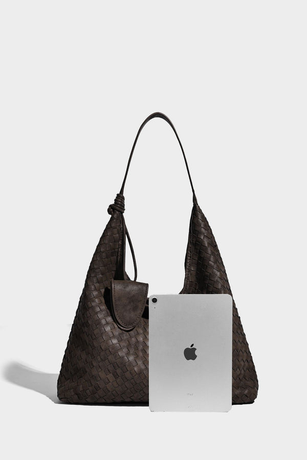 Slouchy woven hobo shoulder bag with knotted strap and matte leather-look textured finish, detail view 23
