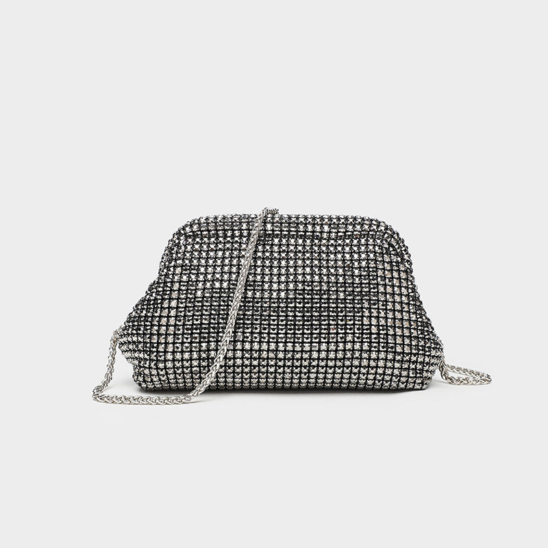 Small crystal rhinestone clutch crossbody bag with silver-tone chain strap and frame-clip closure, detail view 11