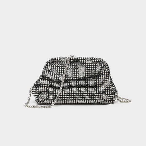 Small crystal rhinestone clutch crossbody bag with silver-tone chain strap and frame-clip closure, detail view 11