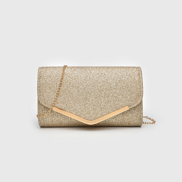 Structured glitter envelope clutch bag with gold-tone V-bar hardware and detachable chain strap, front view