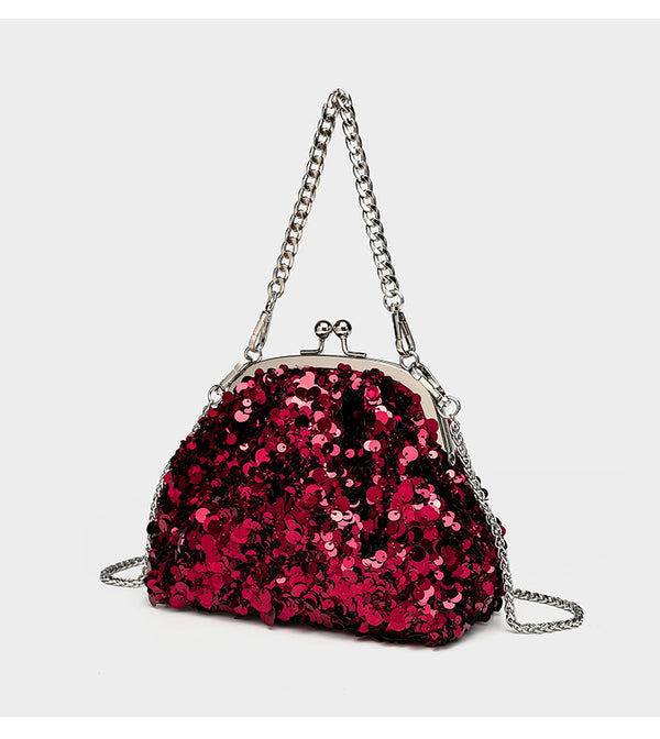 Small structured sequin kiss-lock evening bag with silver-tone chain strap in cream white, detail view 17