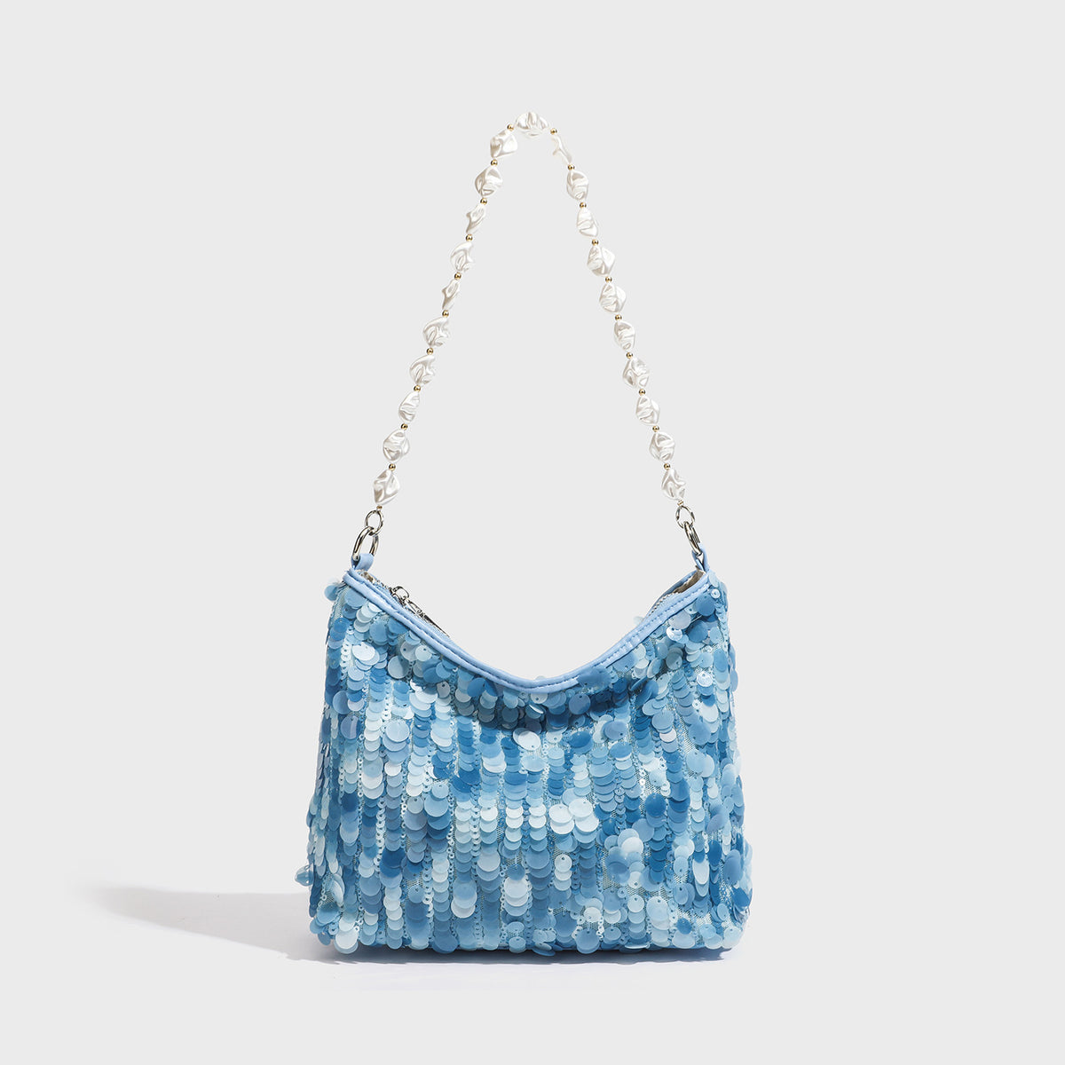 Small crescent sequin shoulder bag with pearl beaded strap and zip closure, detail view 4