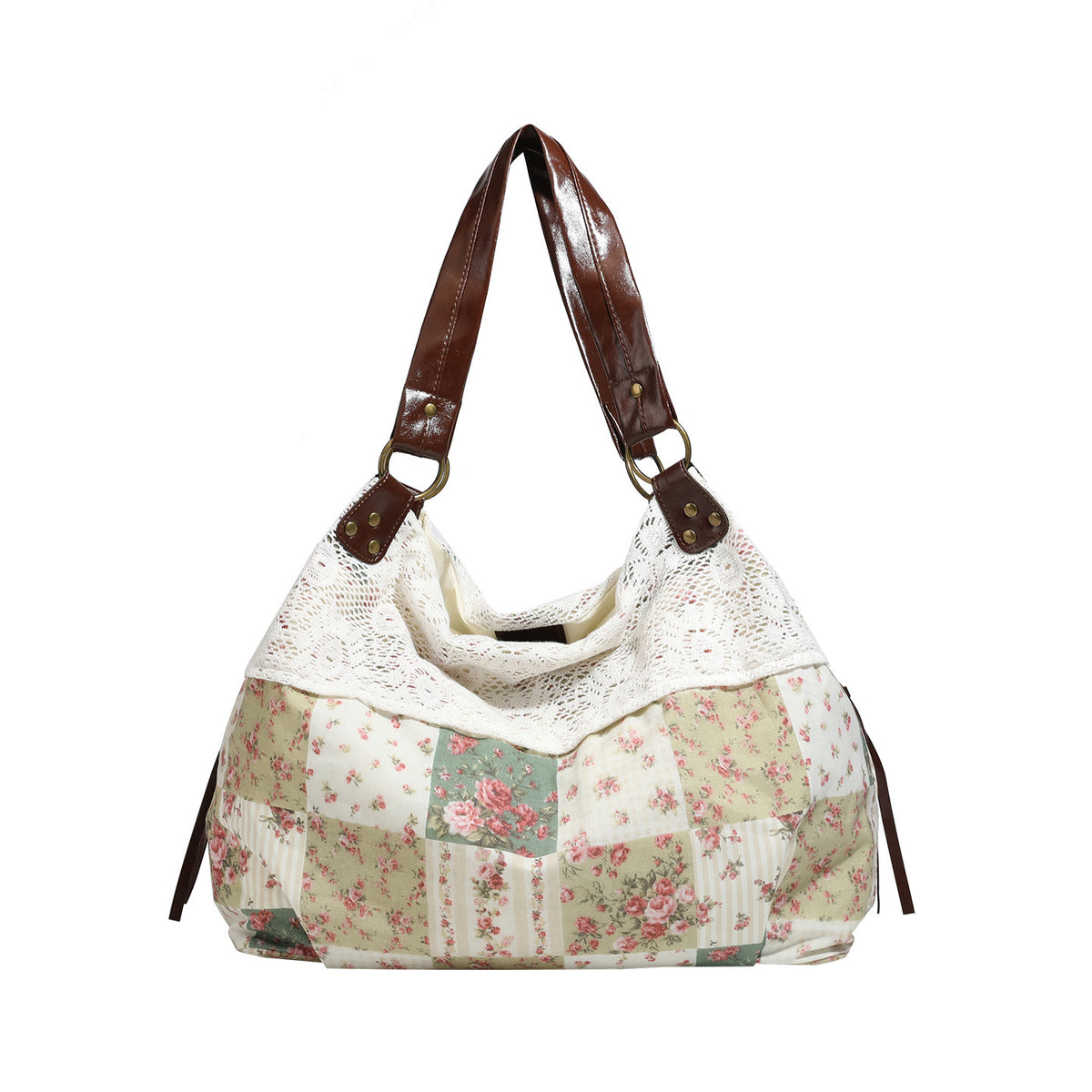 Cream floral patchwork hobo tote bag with crochet lace trim and brown leather-look shoulder straps, detail view 5