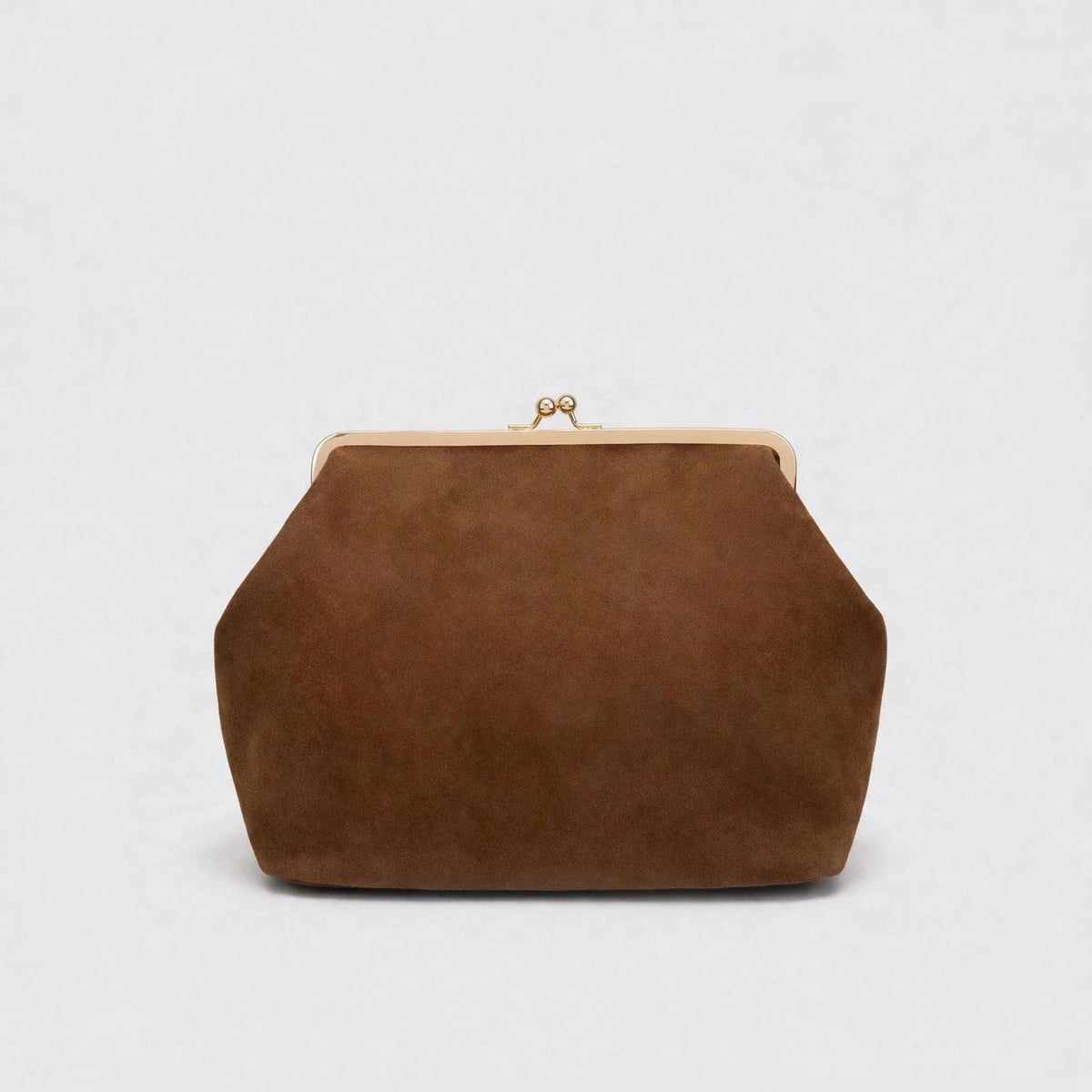 Large matte suede-look kiss-lock frame handbag with gold-tone hardware and detachable shoulder strap, detail view 19