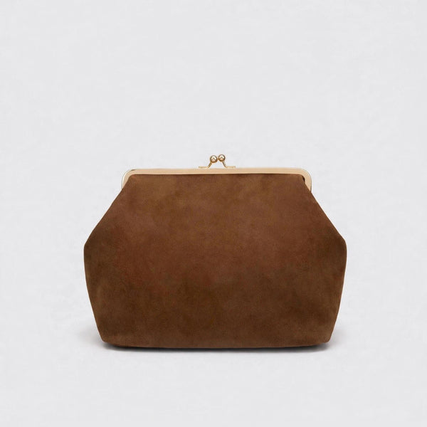 Large matte suede-look kiss-lock frame handbag with gold-tone hardware and detachable shoulder strap, detail view 19