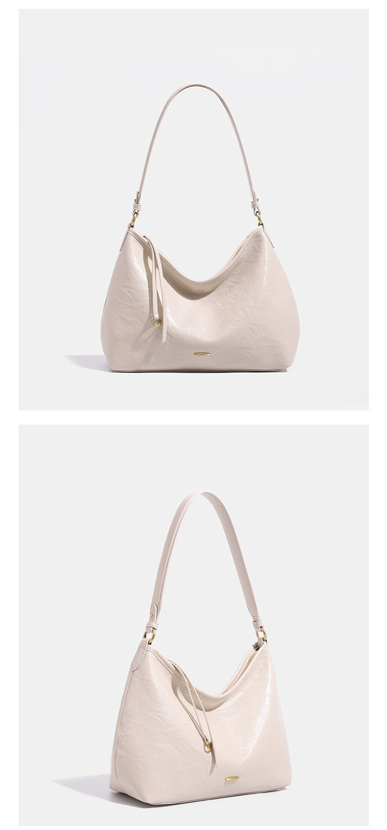 Large crinkled leather-look hobo shoulder bag with zip closure and gold-tone hardware, detail view 16