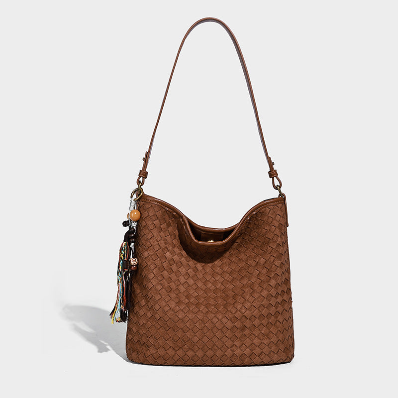 Dark chocolate woven texture hobo shoulder bag with multicolor tassel-and-bead charm and long adjustable strap, detail view 3
