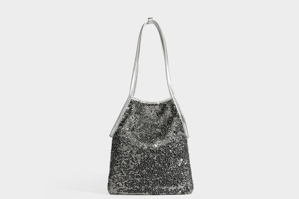 Kleine Pailletten-Schultertasche im Tote-Stil mit langem Metallic-Riemen und trapezförmiger Silhouette, Detailansicht 40
