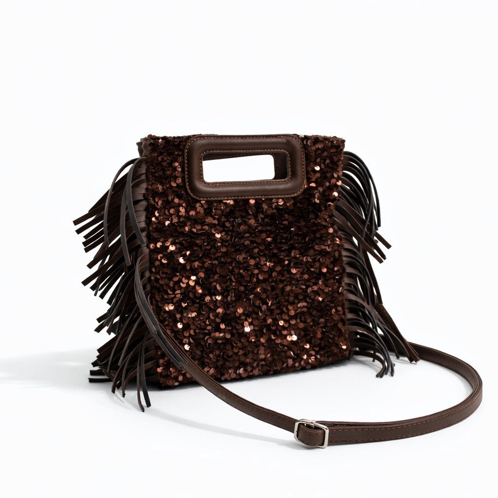 Small structured dark brown sequin handbag with leather-look fringe side trim and top cutout handle, front view
