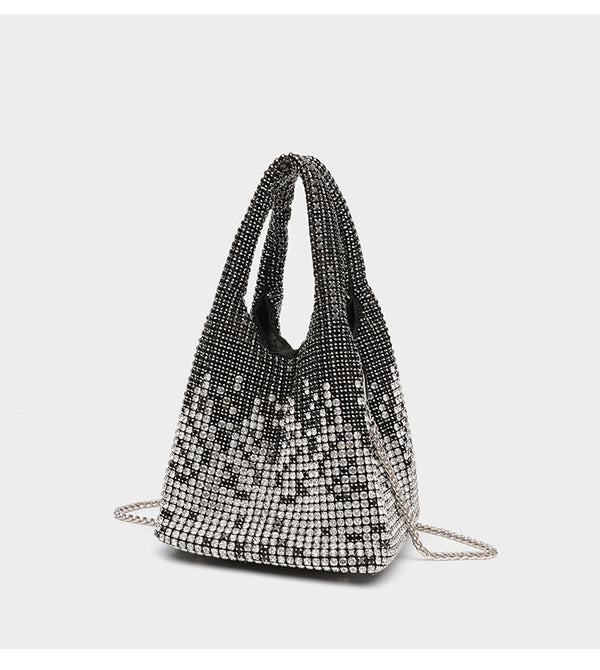 Ombré-Kristalltasche in Schwarz bis Silber mit Strasssteinen, Kettenriemen und Kristall-Tragegriffen, Detailansicht 12