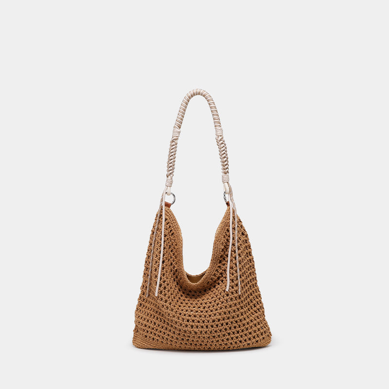 Große gewebte Hobo-Schultertasche in Creme mit geflochtenem Kordelriemen und silberfarbenen Ringdetails, Detailansicht 7