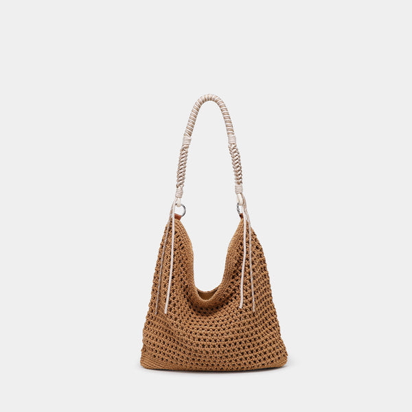 Große gewebte Hobo-Schultertasche in Creme mit geflochtenem Kordelriemen und silberfarbenen Ringdetails, Detailansicht 7