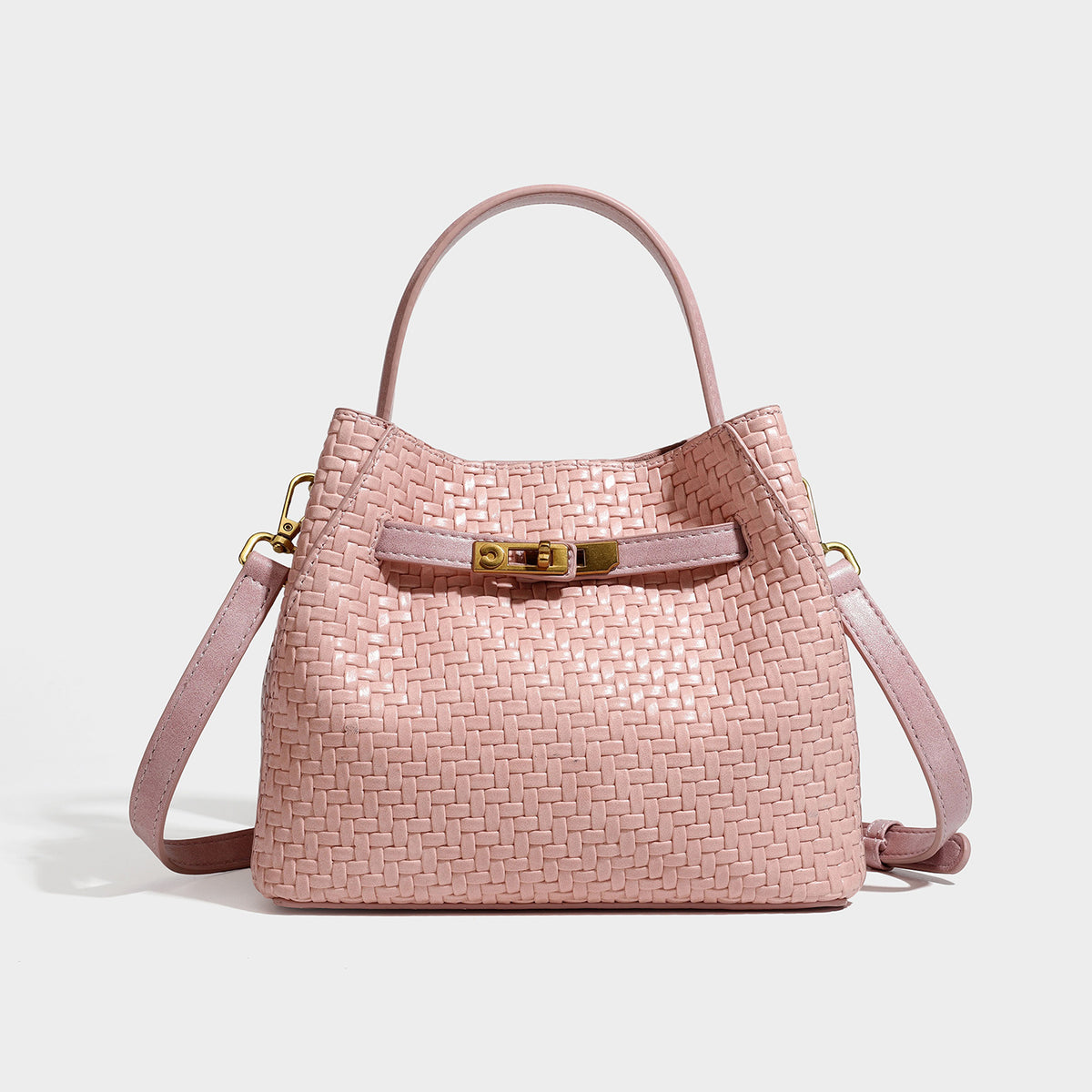 Structured woven leather-look bucket bag with gold-tone turn-lock hardware and detachable shoulder strap, detail view 10