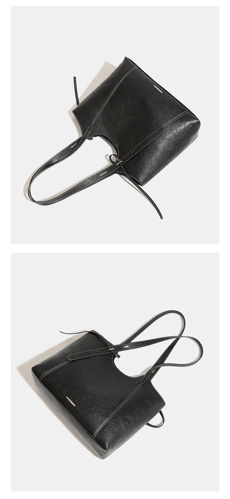 Structured open-top leather-look tote bag with long shoulder straps, contrast stitching, and side tie details, detail view 18