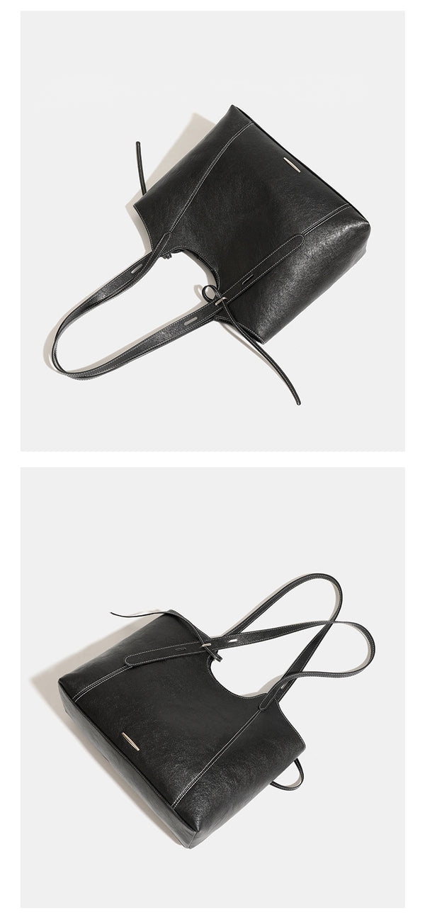 Structured open-top leather-look tote bag with long shoulder straps, contrast stitching, and side tie details, detail view 18