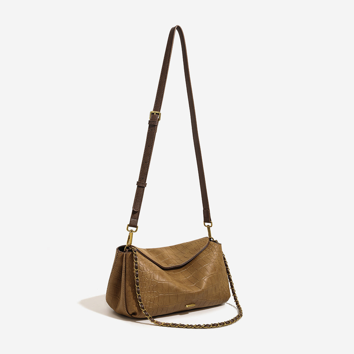 Croc-embossed pillow crossbody shoulder bag with gold-tone chain strap and flap closure, detail view 3