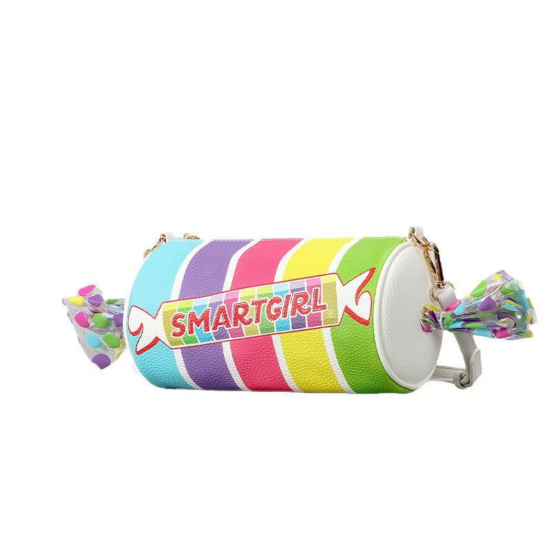 Regenbogen-gestreifte Candy-Fass-Crossbody-Tasche mit transparenten, gedrehten Enden, weißem verstellbarem Trageriemen und goldfarbenen Beschlägen, Detailansicht
