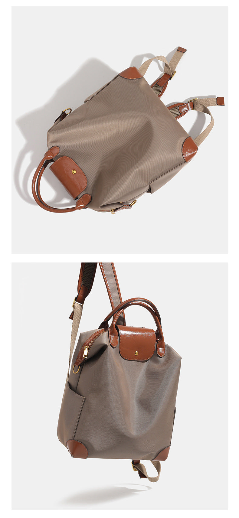 Soft rectangular nylon convertible backpack handbag with leather-look trim, snap-flap closure, top carry handles, padded