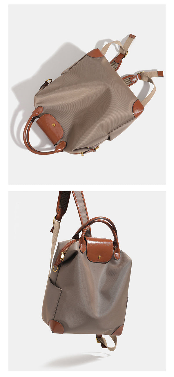 Soft rectangular nylon convertible backpack handbag with leather-look trim, snap-flap closure, top carry handles, padded