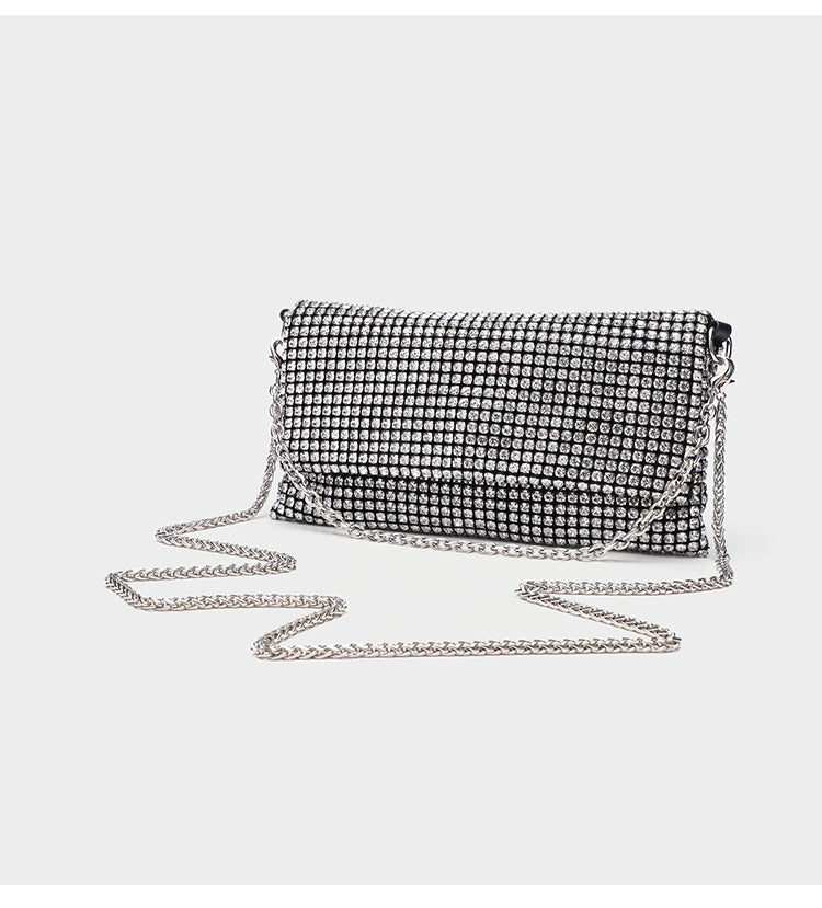 Small rectangular all-over rhinestone flap crossbody clutch bag with silver chain strap, detail view 7
